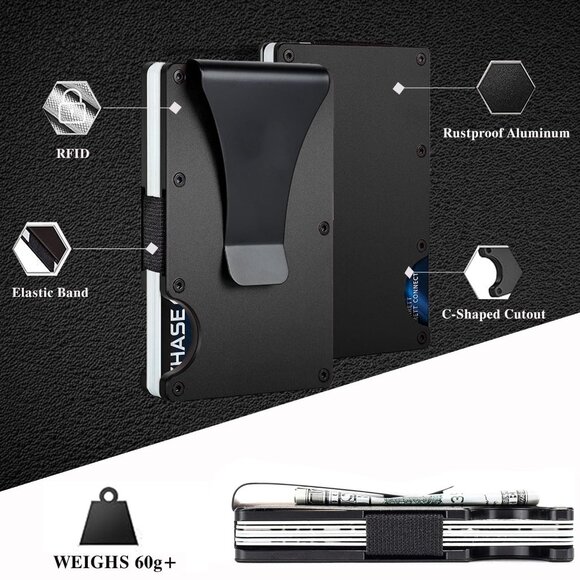 RFID Blocking Slim Wallet with Money Clip | Minimalist Metal Card Holder (Black) - Picture 5 of 7